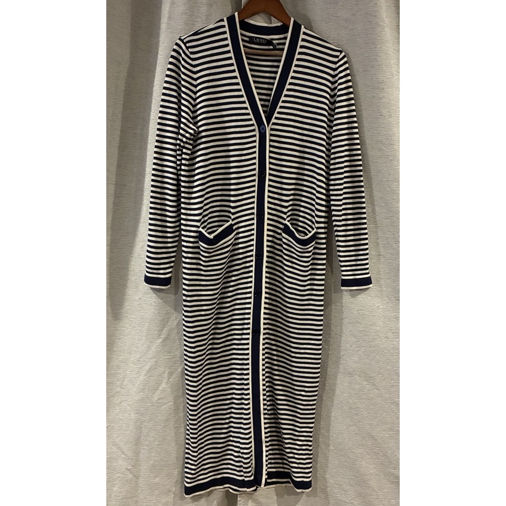Lauren Ralph Lauren Navy Blue Striped Longline Cardigan Duster Silk Blend Large